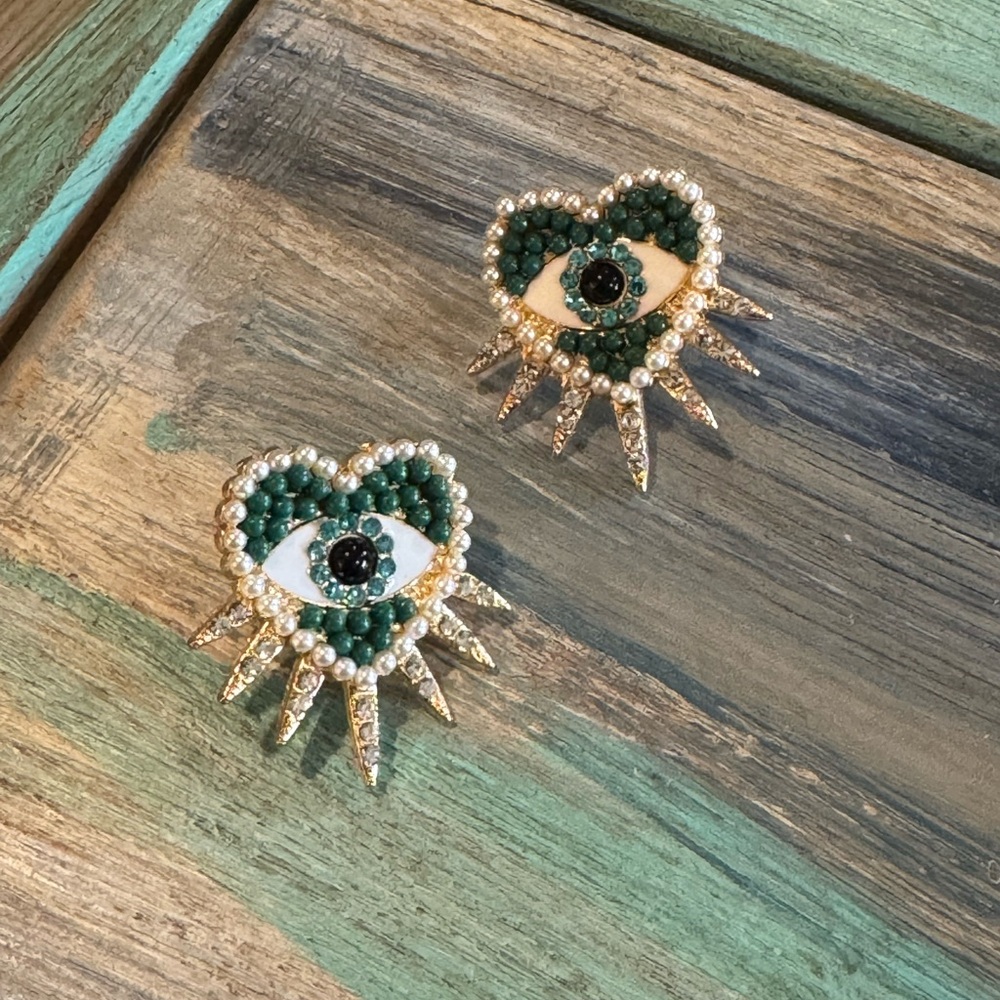 Heart-Shaped Evil Eye Earrings with Green and Gold Accents